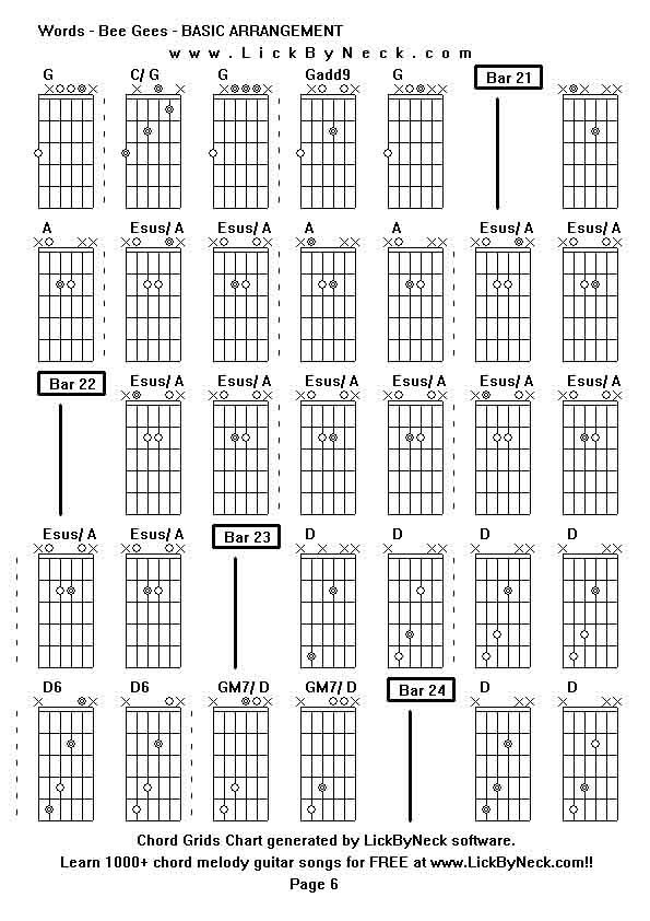 Chord Grids Chart of chord melody fingerstyle guitar song-Words - Bee Gees - BASIC ARRANGEMENT,generated by LickByNeck software.